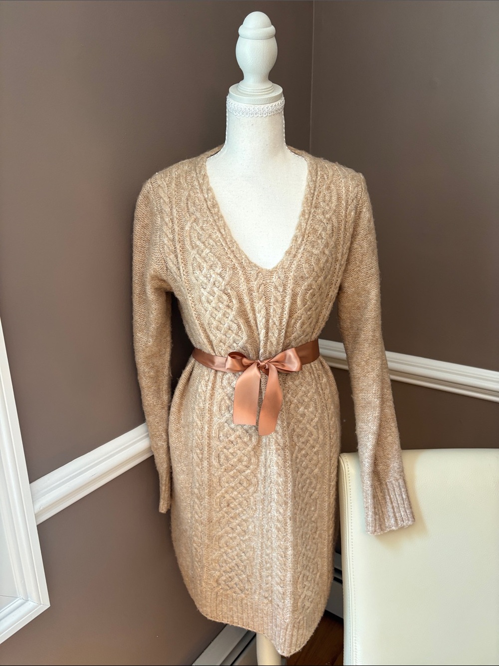 Max Studio Camel Cable-Knit V-Neck Sweater Dress